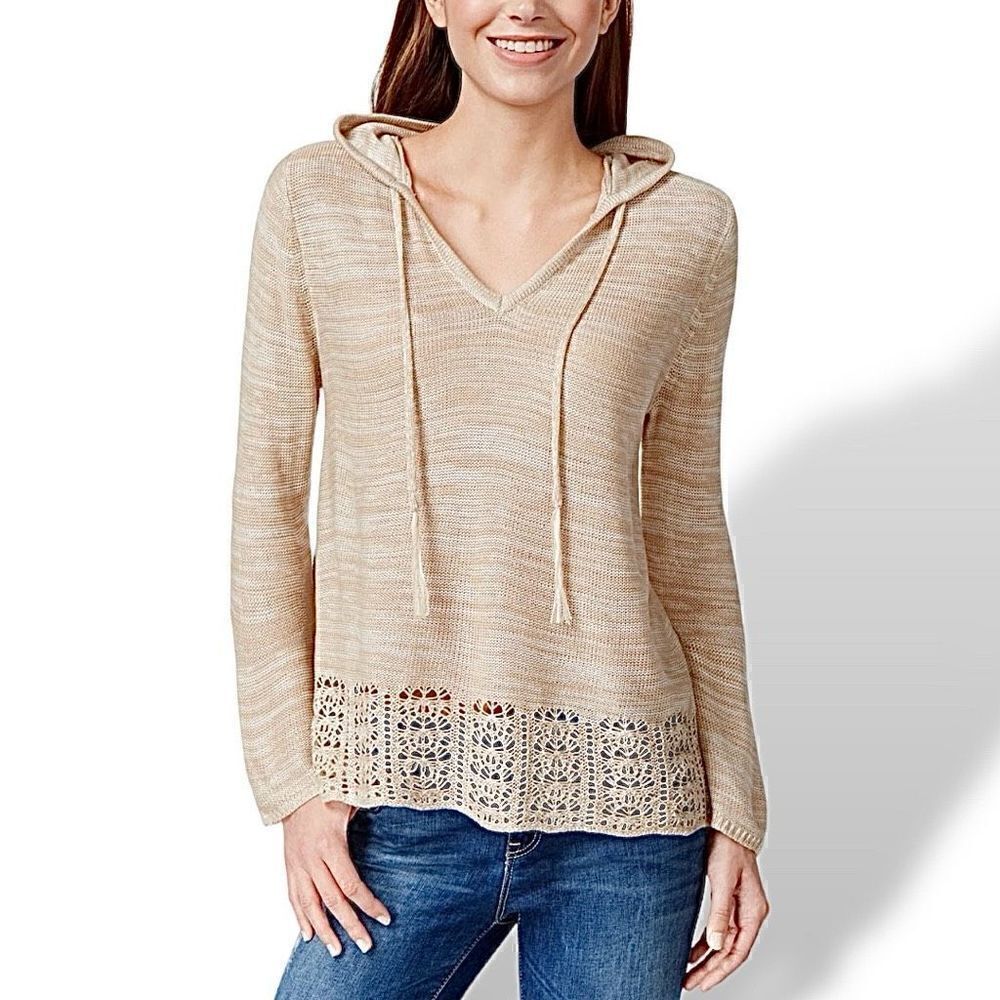Boho Hoodie Light Sweater Beige Space Dye Crochet It’s Our Time Sz XL 14